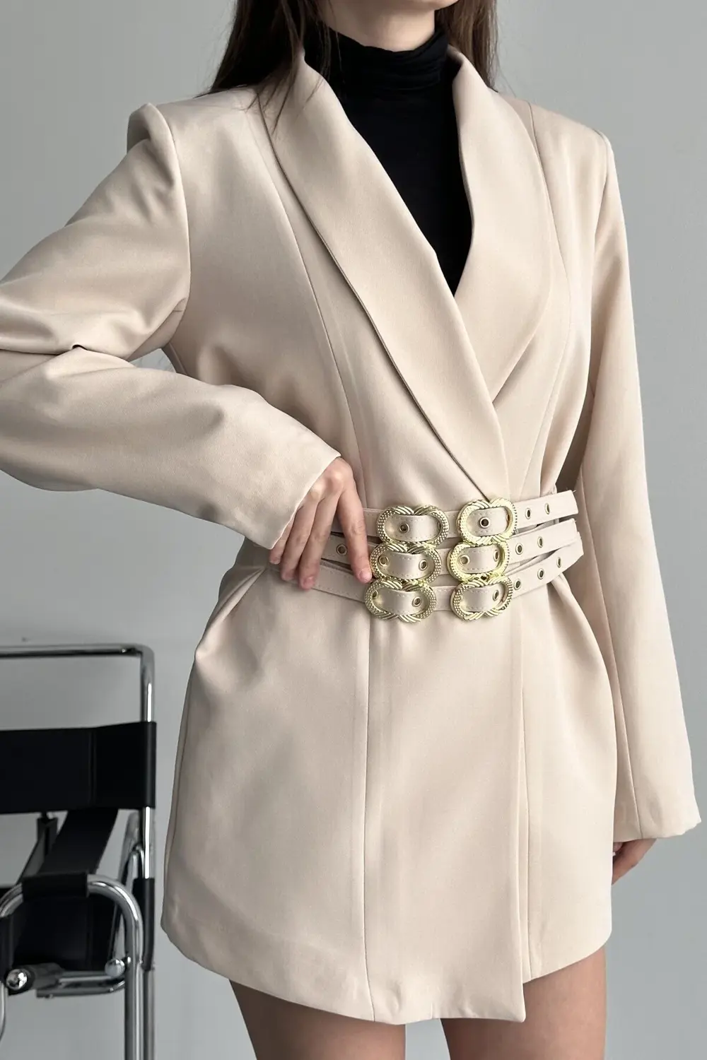 Kadın 3 Kemerli Blazer Ceket Gold Tokalı Kruvaze Kesim