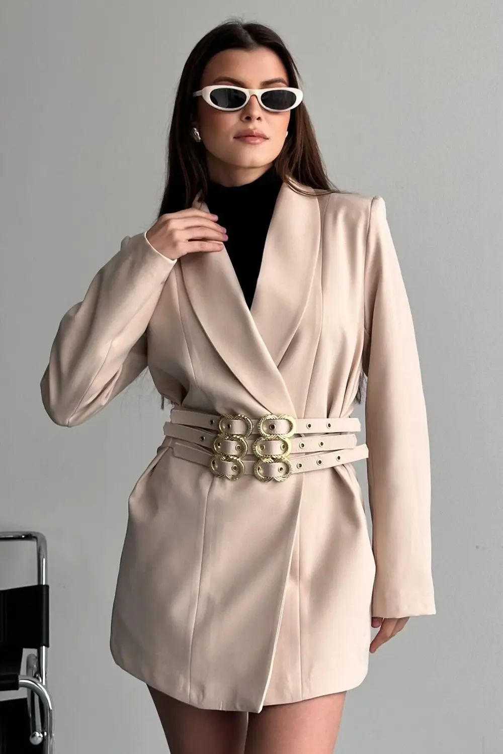 Kadın 3 Kemerli Blazer Ceket Gold Tokalı Kruvaze Kesim