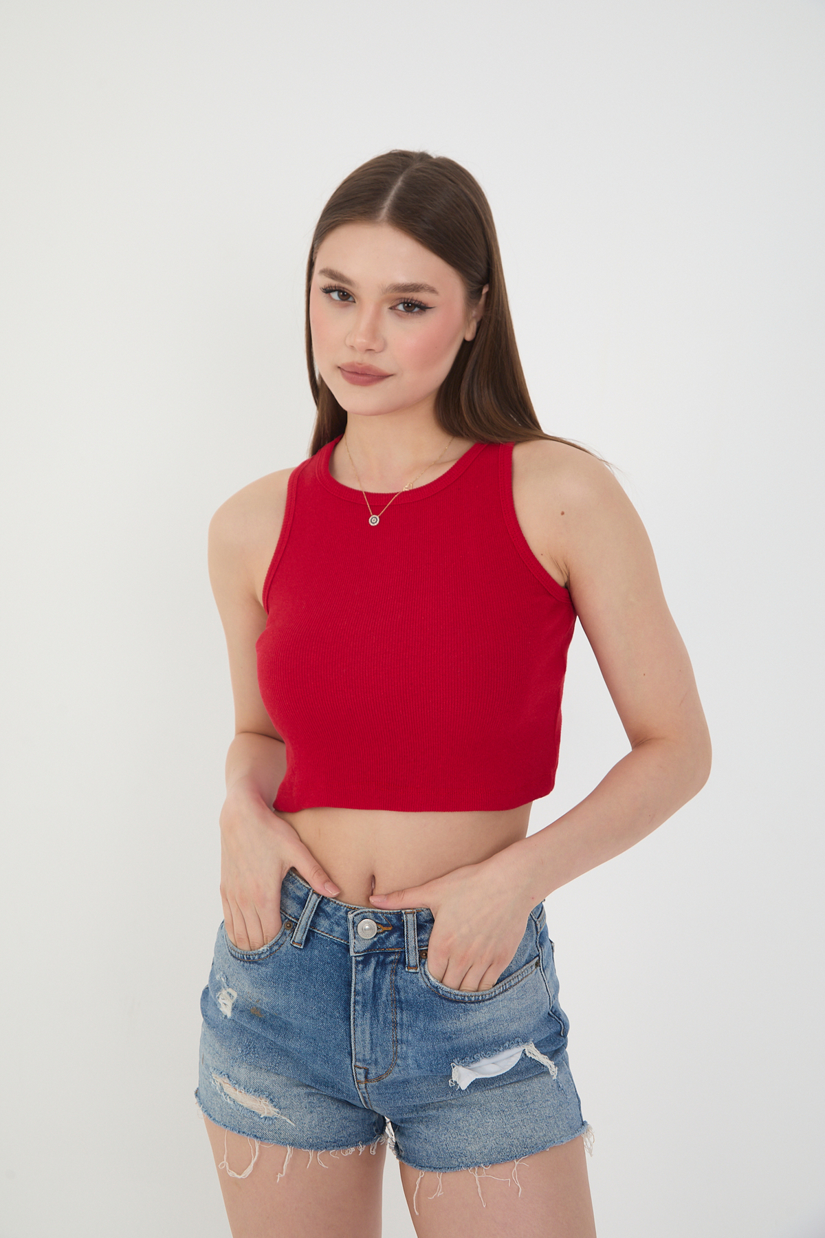 Kadın 3 lü Adet Fitilli PAMUKLU Örme Kaşkorse Crop Bluz ATlet
