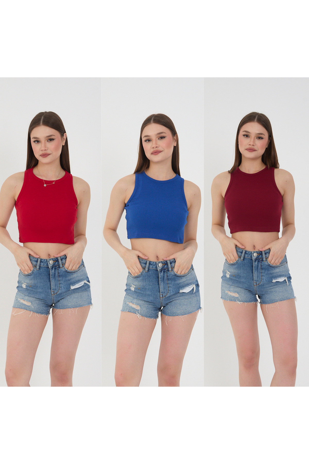 Kadın 3 lü Adet Fitilli PAMUKLU Örme Kaşkorse Crop Bluz ATlet