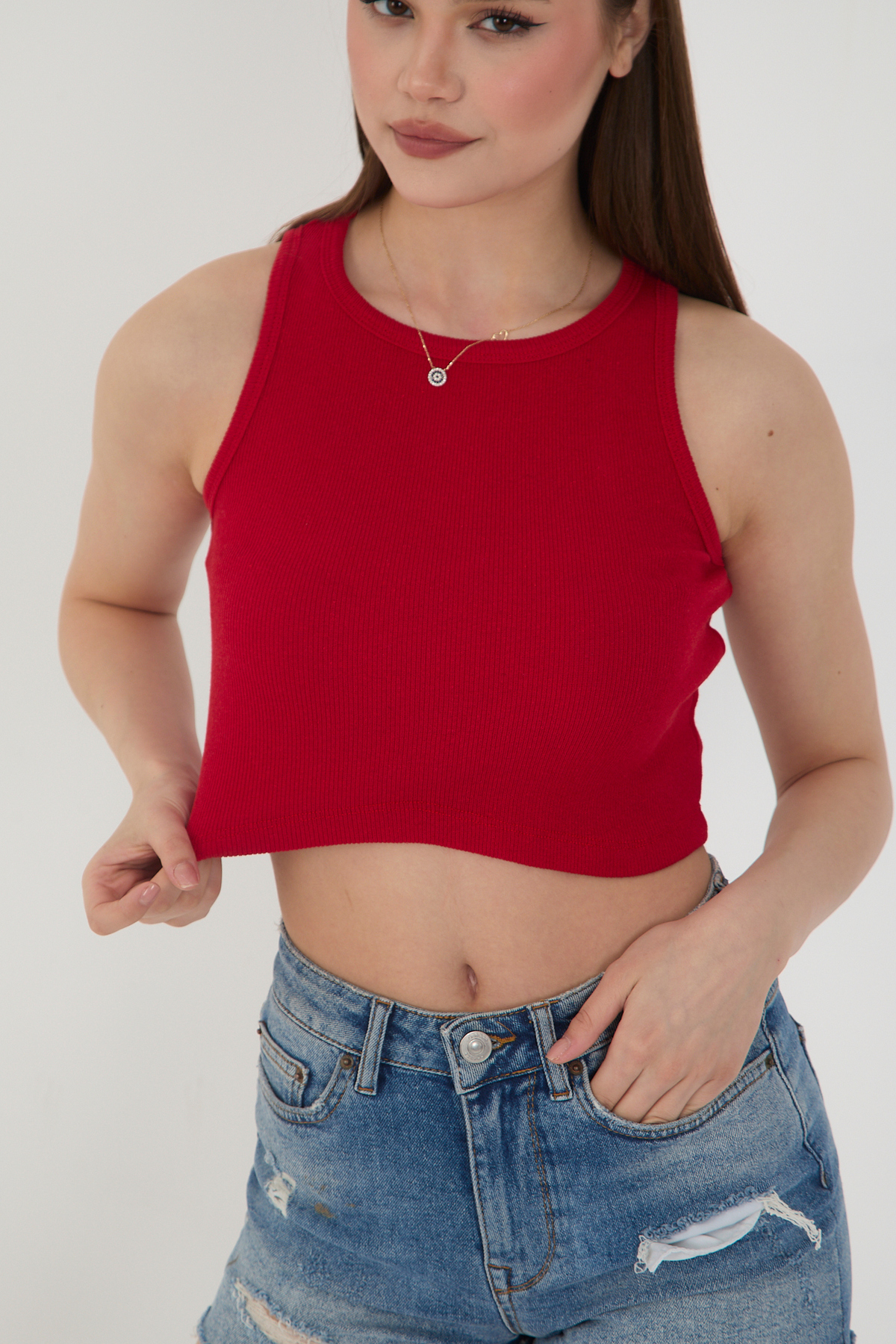 Kadın 3 lü Adet Fitilli PAMUKLU Örme Kaşkorse Crop Bluz ATlet