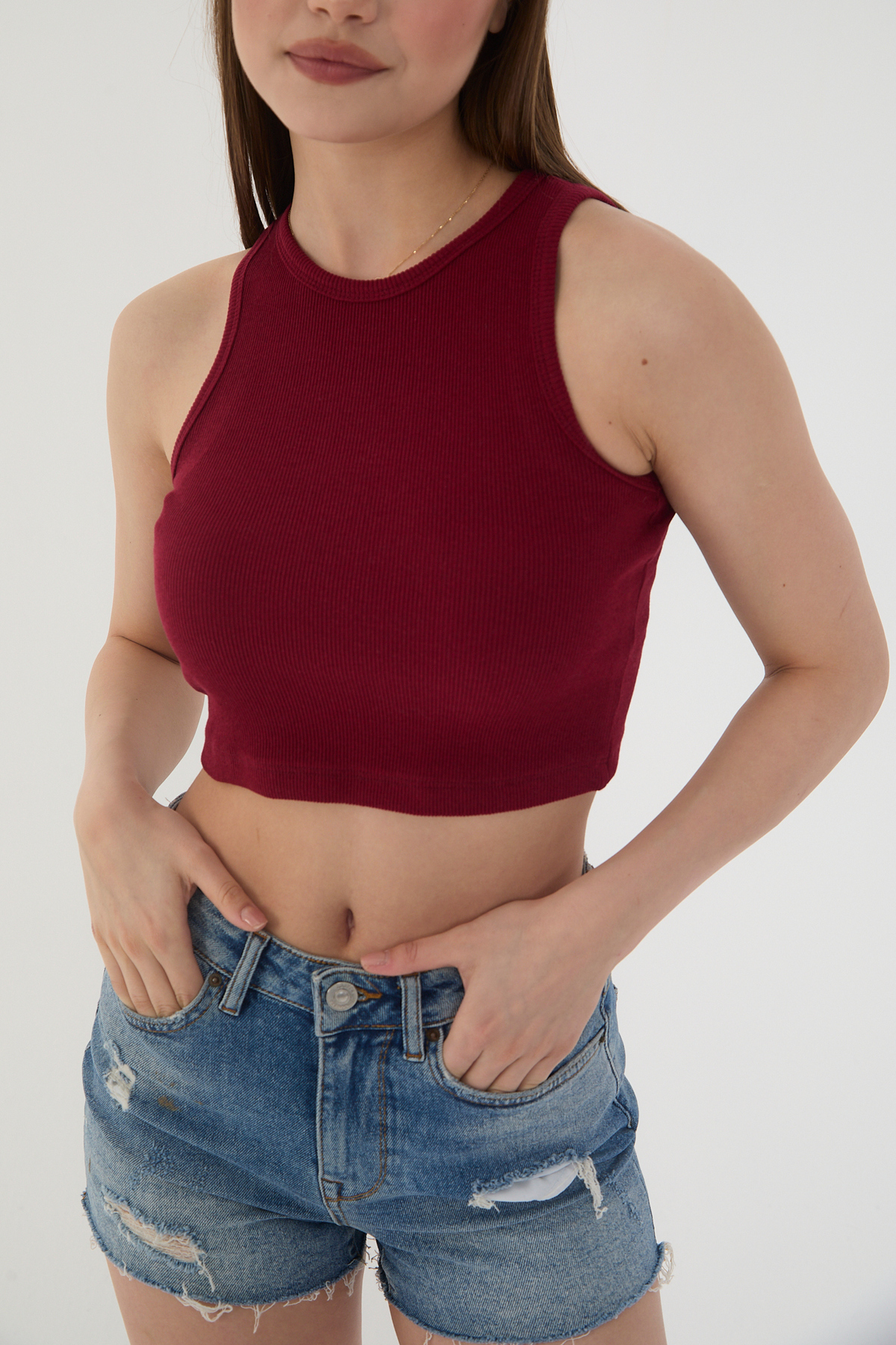 Kadın 3 lü Adet Fitilli PAMUKLU Örme Kaşkorse Crop Bluz ATlet