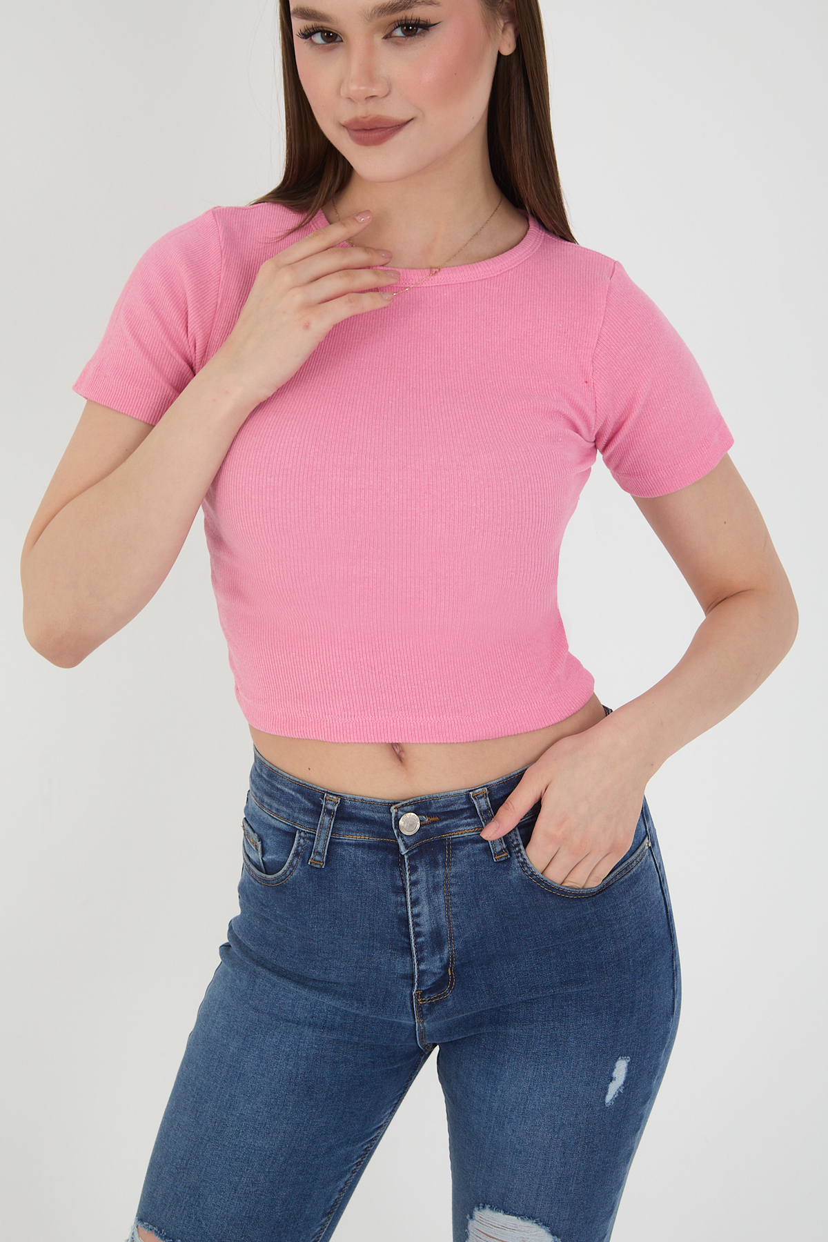 Kadın 3 Lü Adet Fitilli Pamuklu Bisiklet Yaka Örme Kaşkorse Crop 