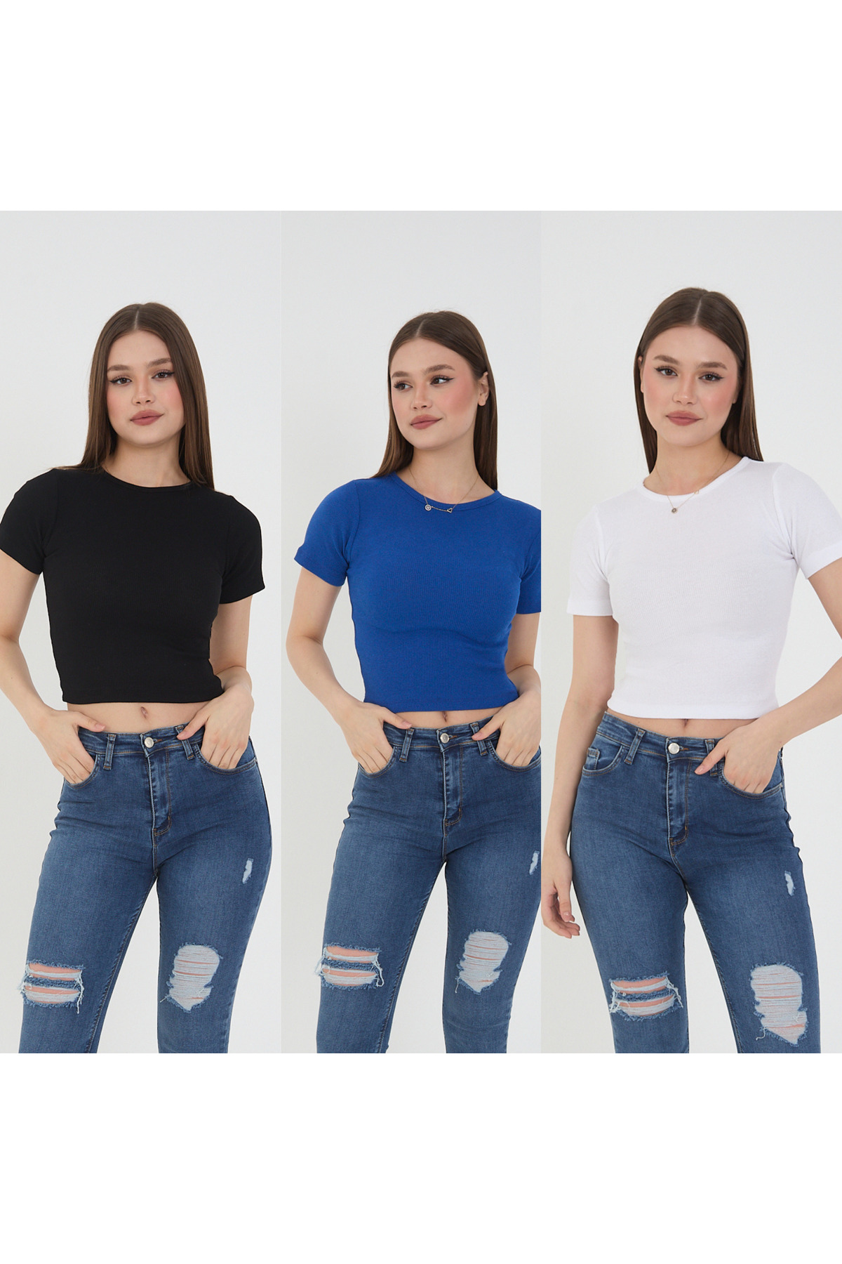 Kadın 3 lü Kısa Kollu Fitilli Bisiklet Yaka  %100 Pamuklu Örme Ka