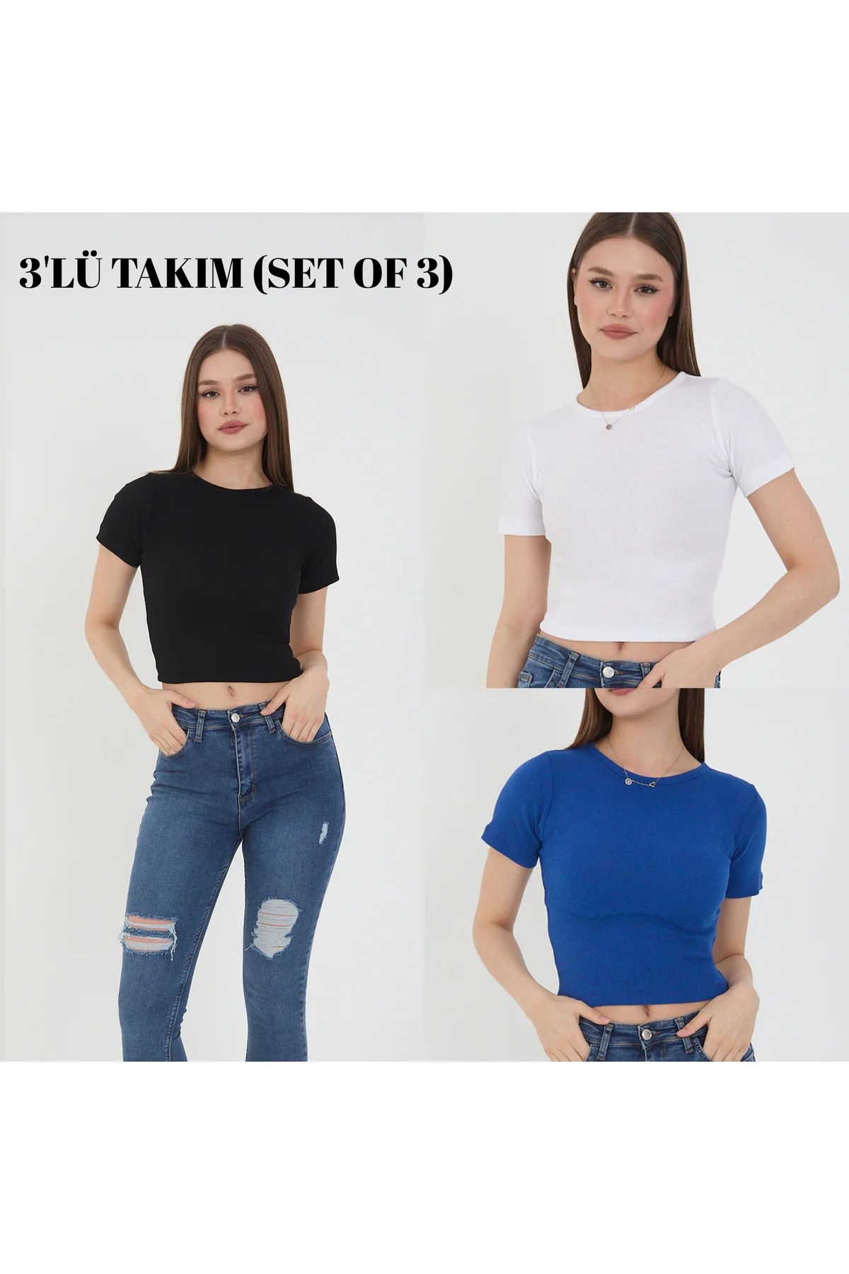 Kadın 3 Lü Takım Yazlık Crop T-Shirt Bluz Kadın 3 Lü Takım Yazlık Crop T-Shirt Bluz