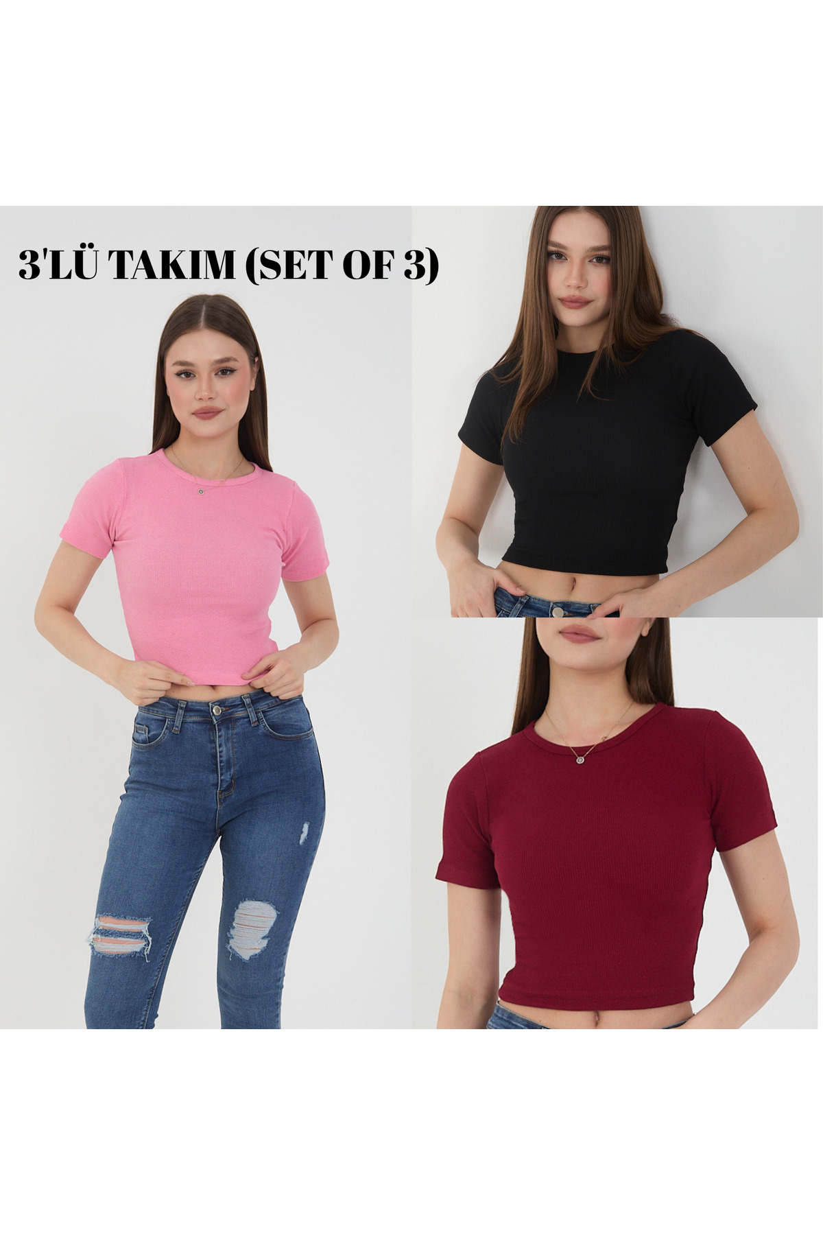 Kadın 3 Lü Takım Yazlık Crop T-Shirt Bluz