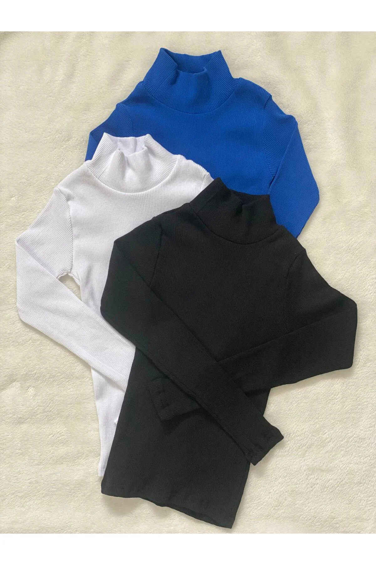 Kadın 3 lü Uzun Kollu Fitilli Balıkçı Yaka Örme Kaşkorse Bluz