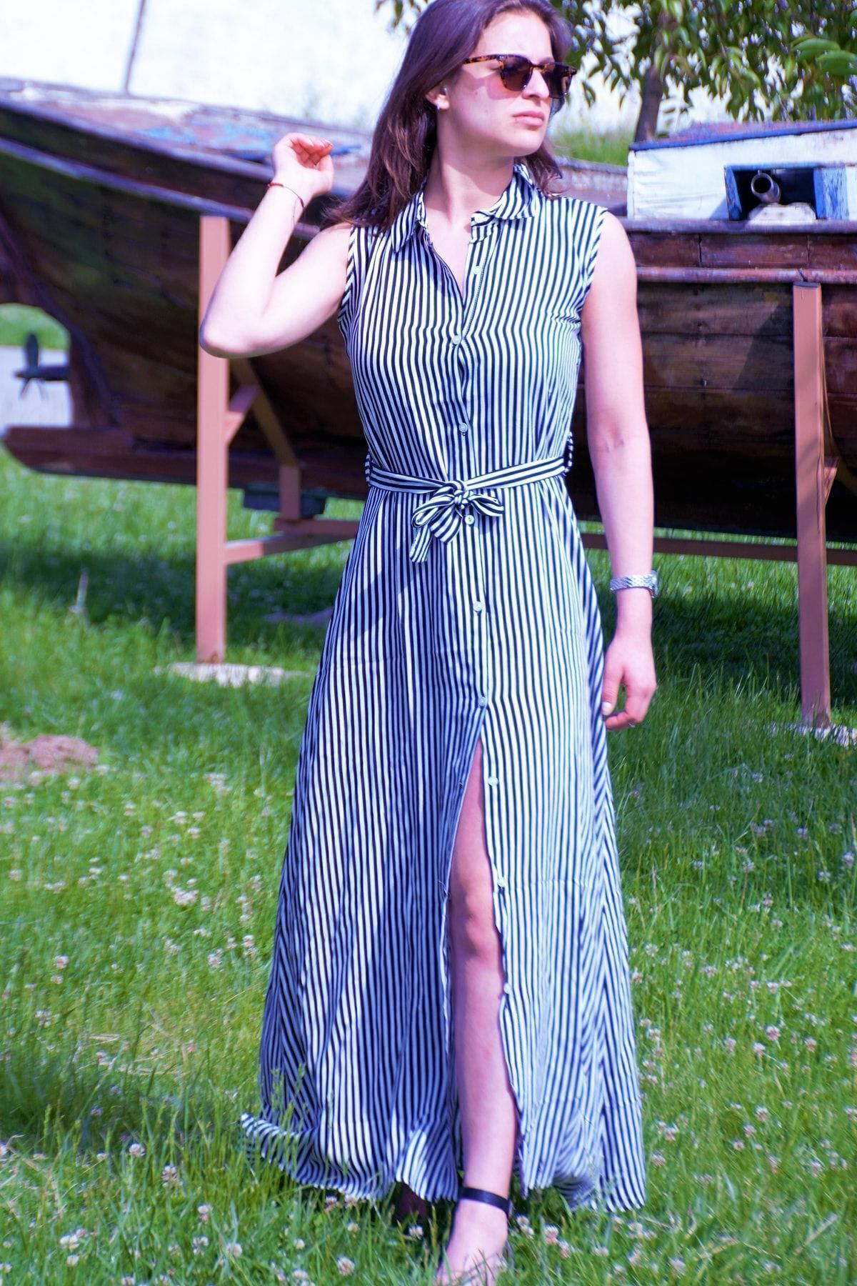 Pasaklı Giyim Kadın 3143162 Kemerli Uzun Kolsuz Önden Düğmeli Gömlek Yaka Laciv