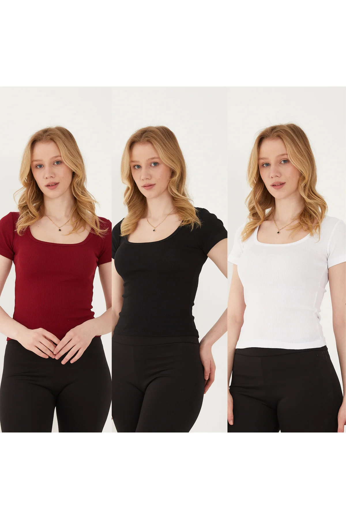 Kadın 3'lü Adet Kısa Kollu Fitilli U Yaka Pamuklu Örme Kaşkorse T