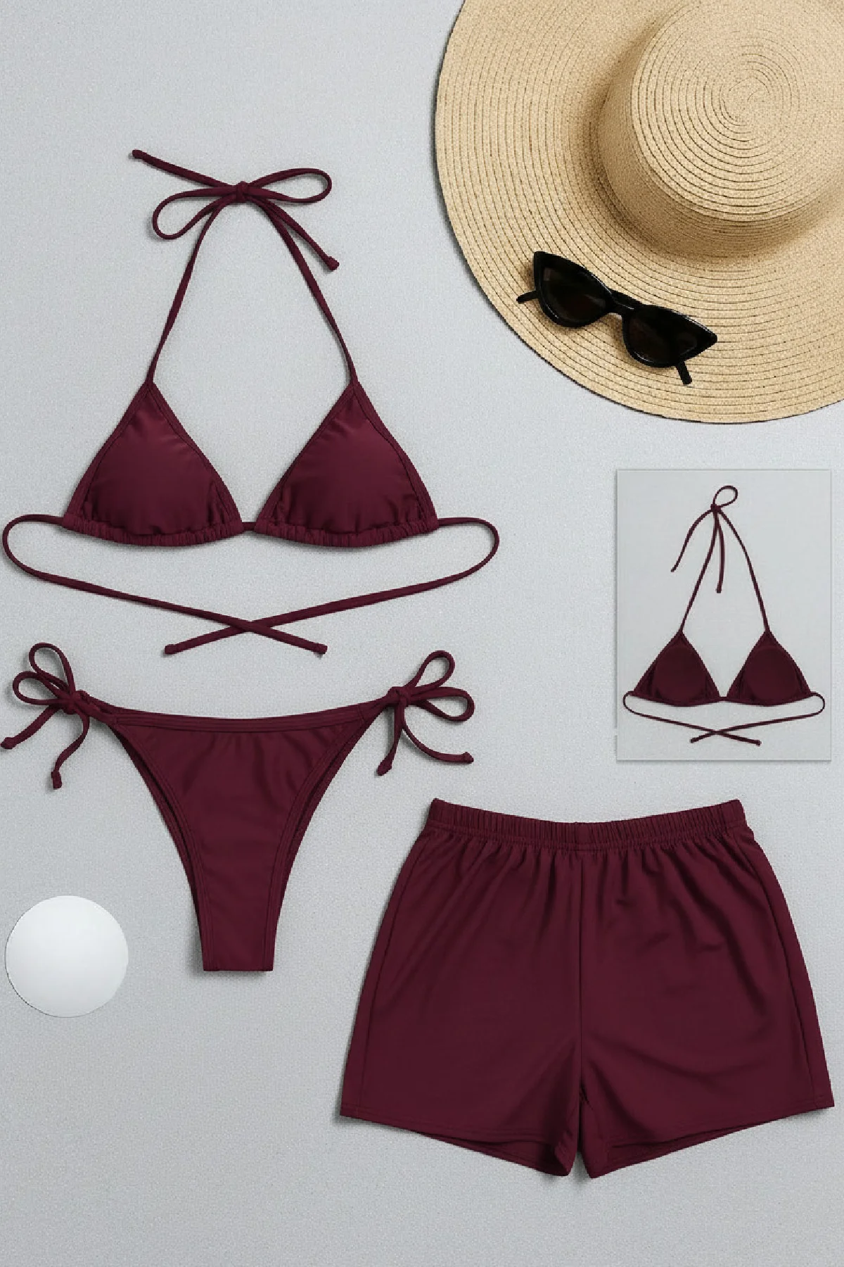 Kadın 3'lü Set Bordo Şortlu Yandan Bağlamalı Bikini Mayo Takımı - Plaj Koleksiyonu Fiyatı, Yorumları ve Özellikleri