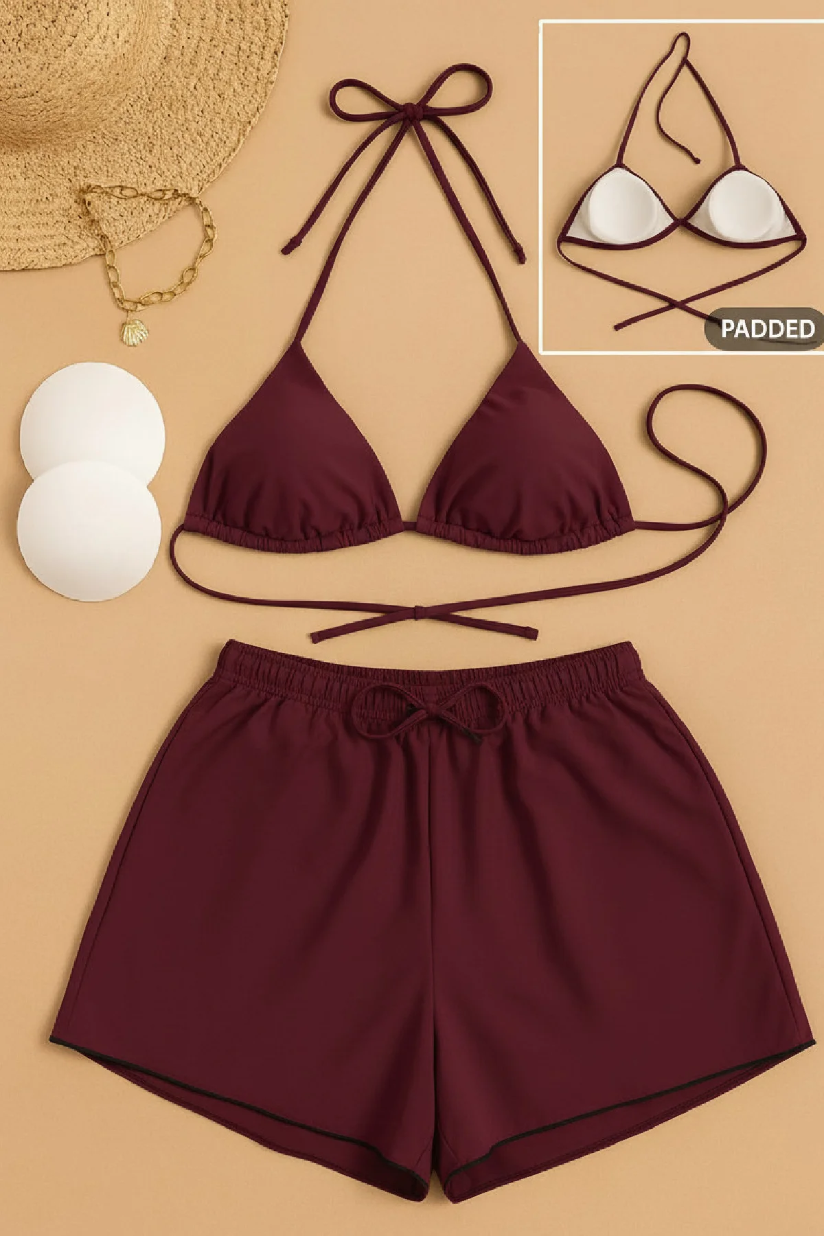 Kadın 3'lü Set Bordo Şortlu Yandan Bağlamalı Bikini Mayo Takımı - Plaj Koleksiyonu Fiyatı, Yorumları ve Özellikleri
