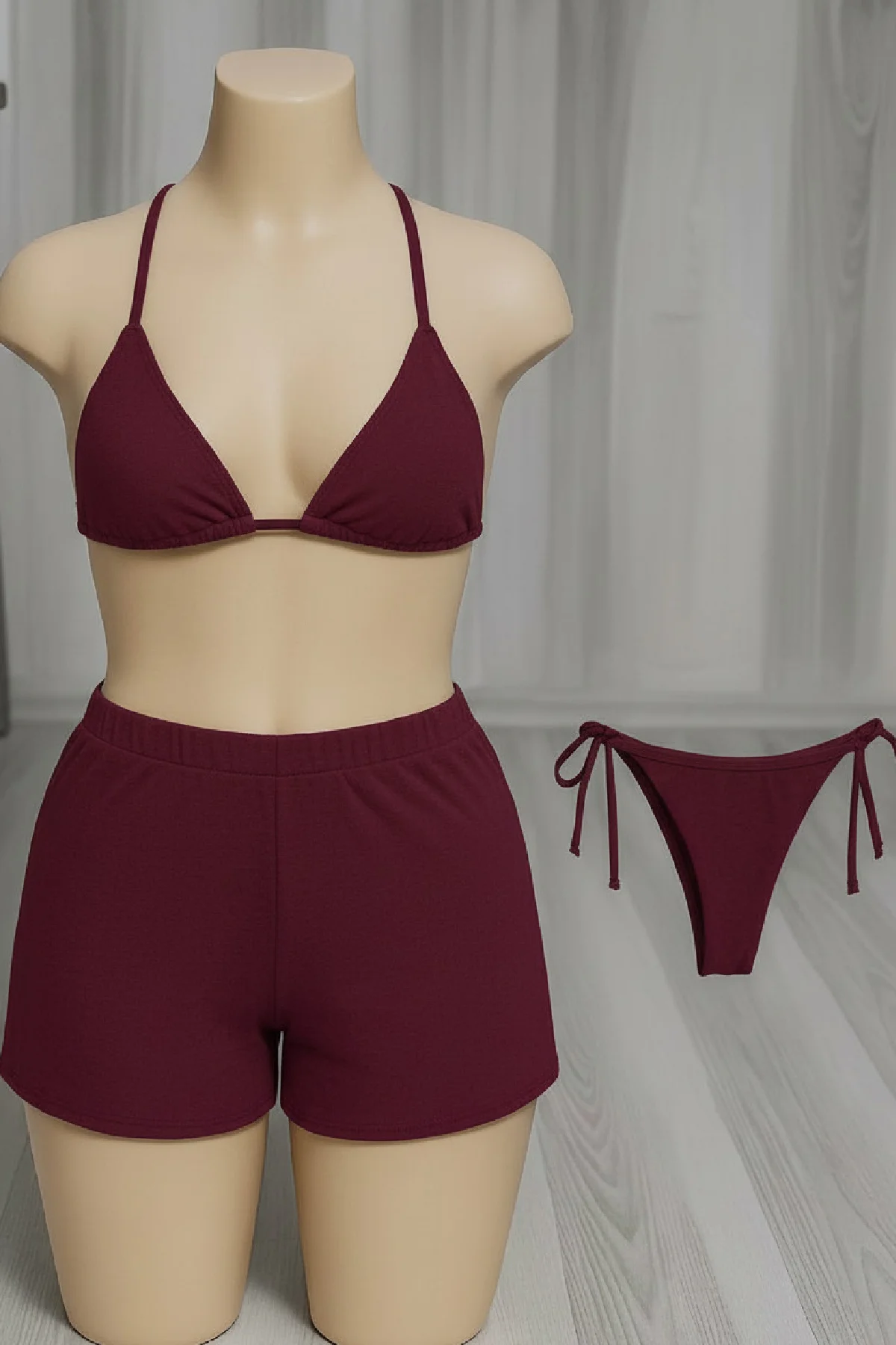 Kadın 3'lü Set Bordo Şortlu Yandan Bağlamalı Bikini Mayo Takımı - Plaj Koleksiyonu Fiyatı, Yorumları ve Özellikleri