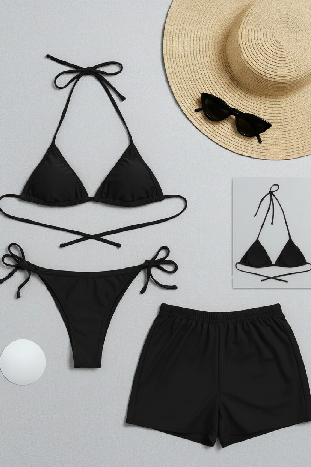 Kadın 3'lü Set Siyah Şortlu ve Yandan Bağlamalı Bikini Mayo Takımı - Yaz Sezonu Plaj Koleksiyonu Fiyatı, Yorumları ve Özellikleri