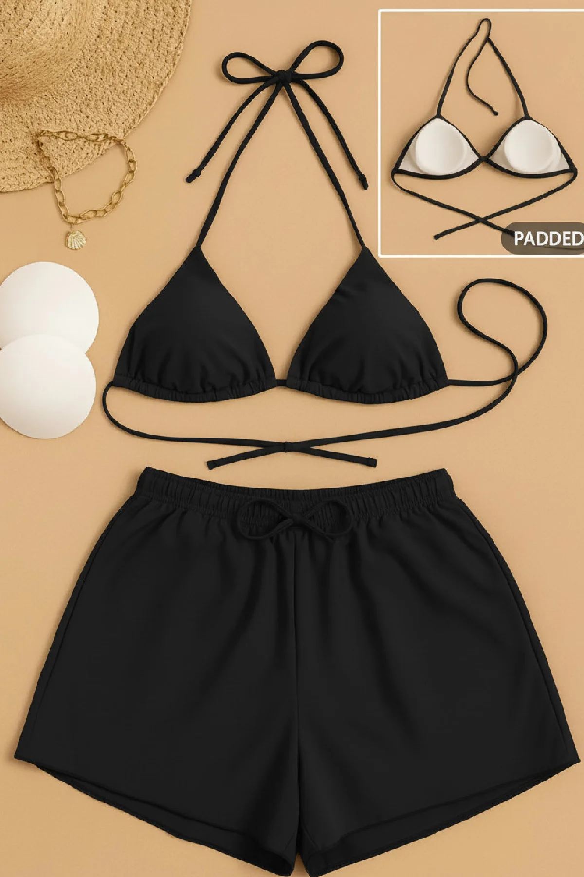 Kadın 3'lü Set Siyah Şortlu ve Yandan Bağlamalı Bikini Mayo Takımı - Yaz Sezonu Plaj Koleksiyonu Fiyatı, Yorumları ve Özellikleri