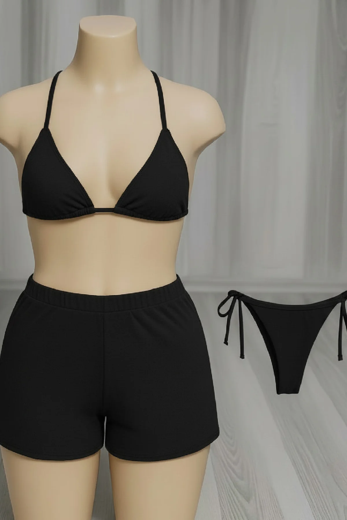 Kadın 3'lü Set Siyah Şortlu ve Yandan Bağlamalı Bikini Mayo Takımı - Yaz Sezonu Plaj Koleksiyonu Fiyatı, Yorumları ve Özellikleri