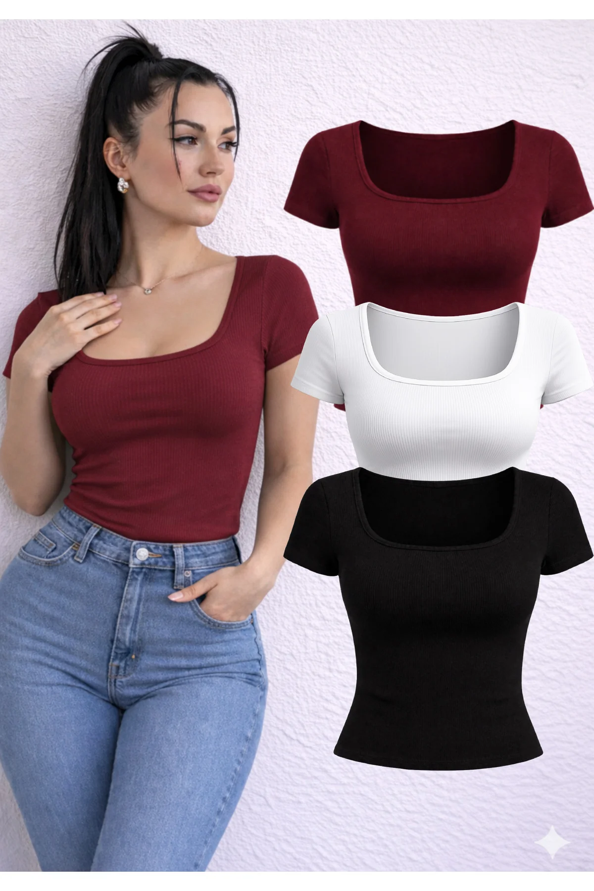 Kadın 3'lü Set U Yaka Kısa Kollu Fitilli Kare Yaka Pamuk Bluz-Bod