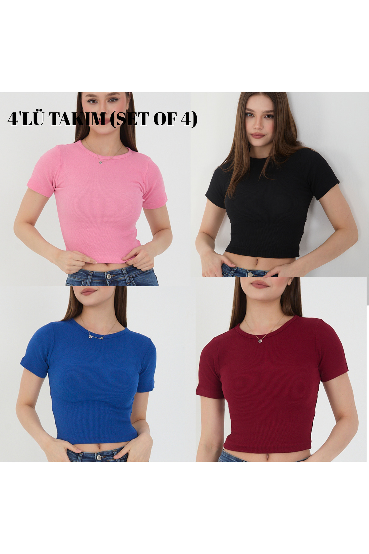 Kadın 4 Lü Adet Fitilli %100 Pamuklu Bisiklet Yaka T-shırt Crop B