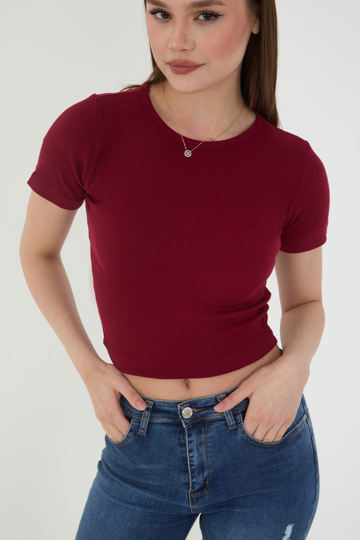 Kadın 4 Lü Adet Fitilli %100 Pamuklu Bisiklet Yaka T-shırt Crop B