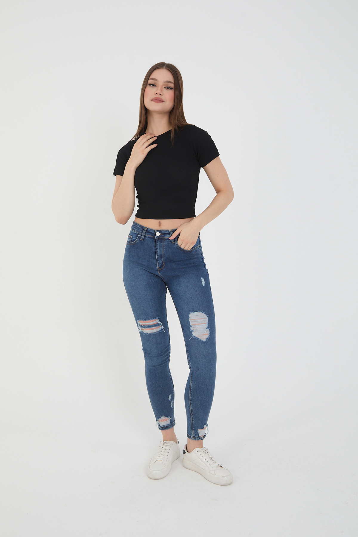 Kadın 4 Lü Adet Fitilli %100 Pamuklu Bisiklet Yaka T-shırt Crop B