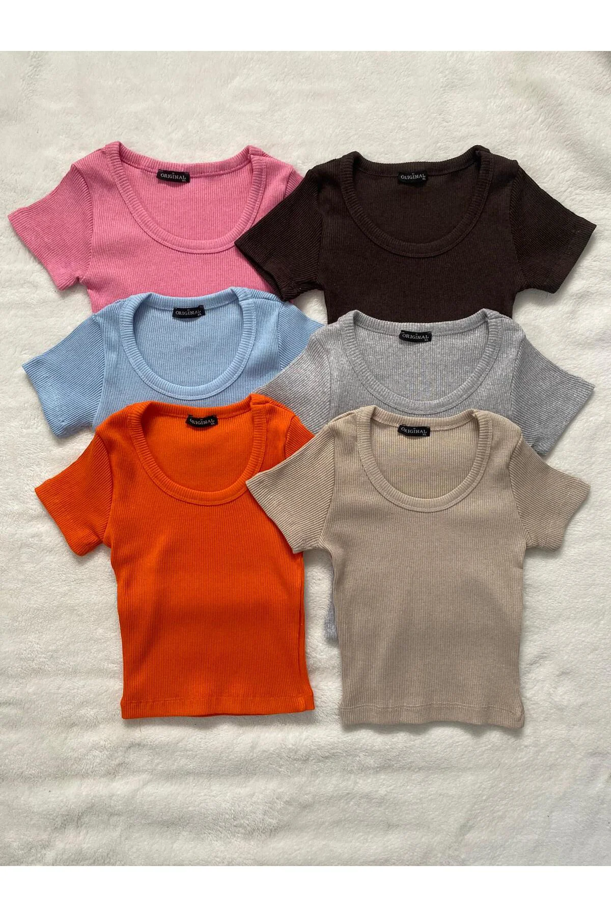 Kadın 6 lı Adet Fitilli Pamuklu Örme Crop T-shirt Kadın 6 lı Adet Fitilli Pamuklu Örme Crop T-shirt