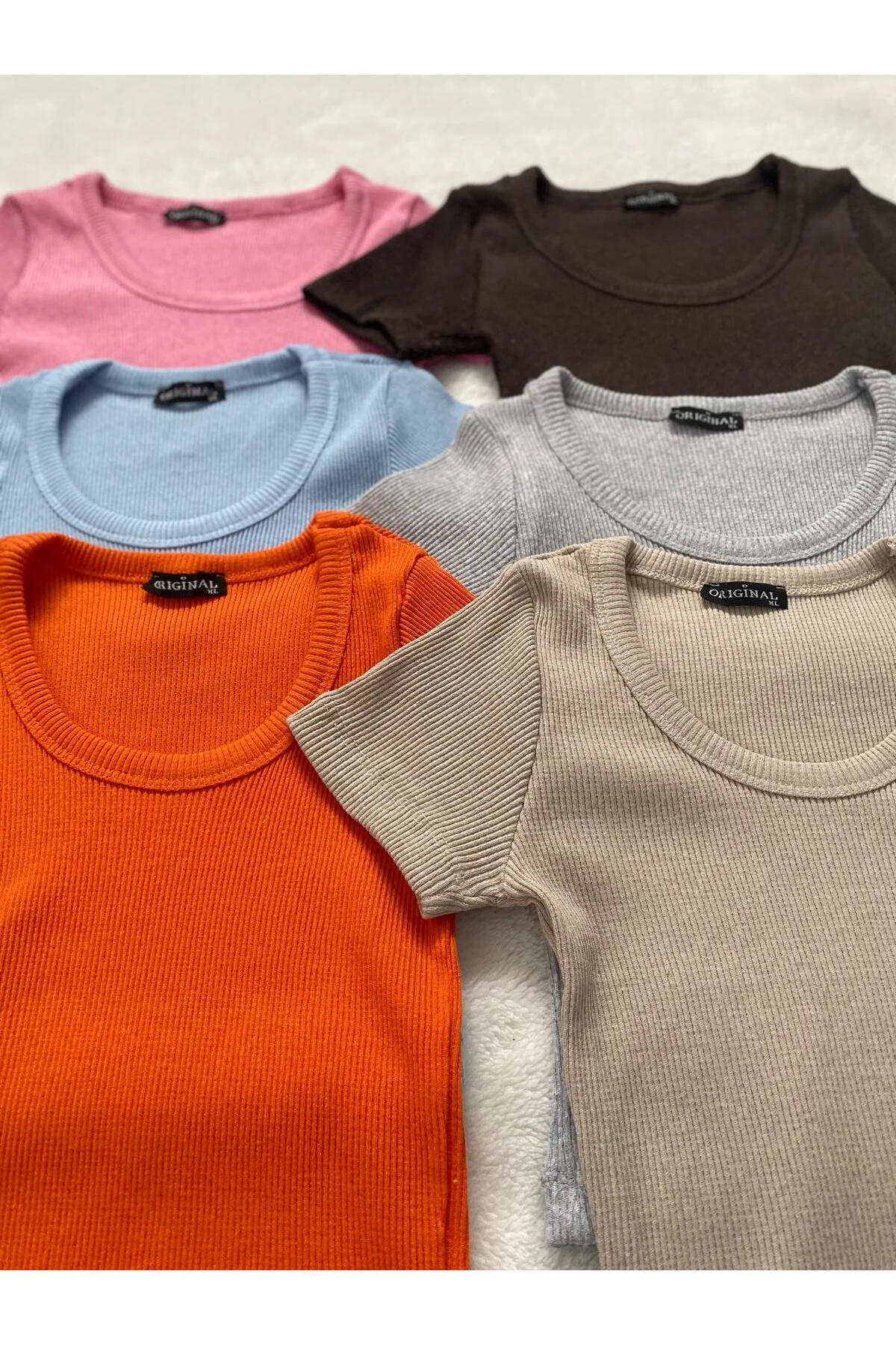 Kadın 6 lı Adet Fitilli Pamuklu Örme Crop T-shirt Kadın 6 lı Adet Fitilli Pamuklu Örme Crop T-shirt