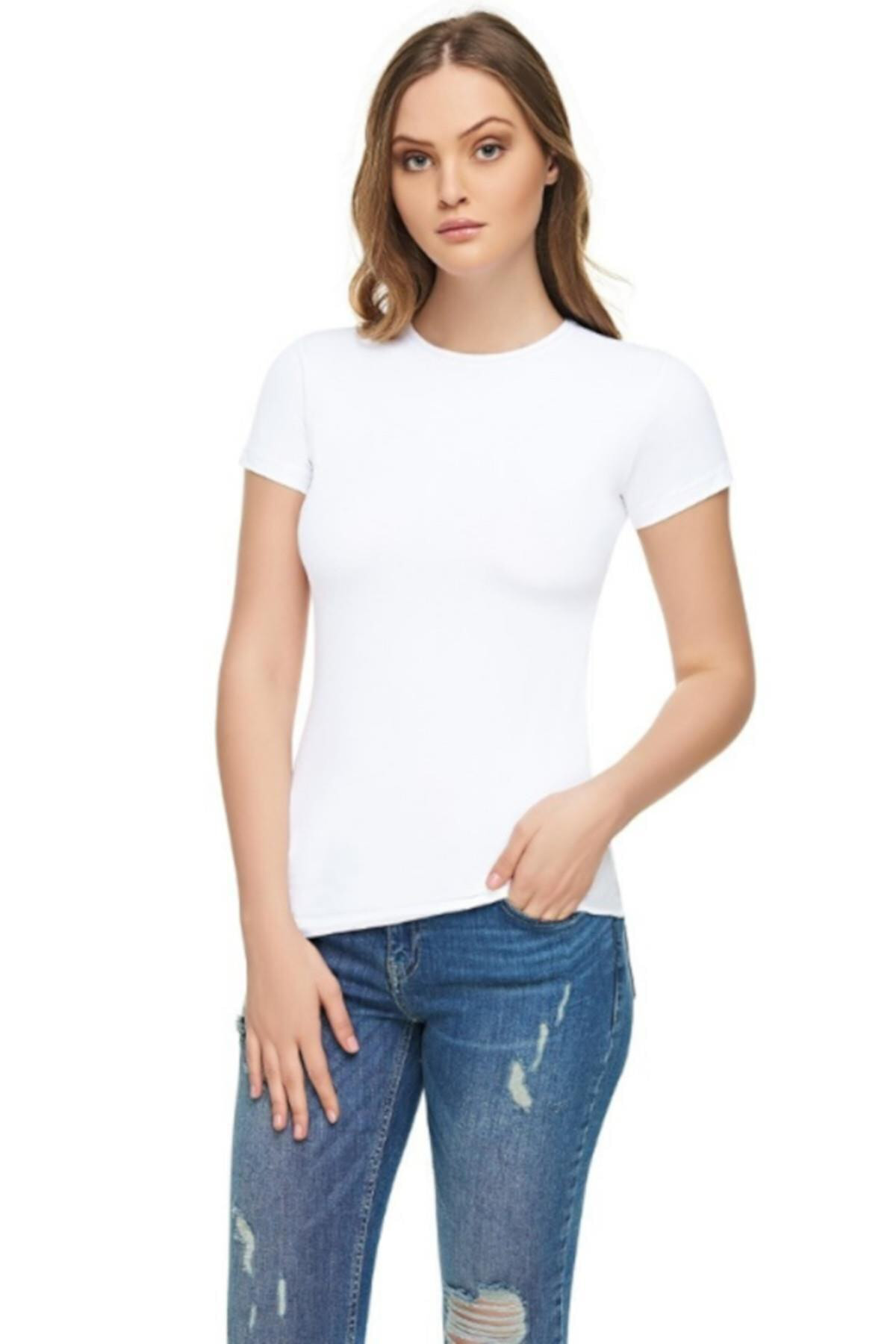 Kadın 6'lı Beyaz Sıfır Yaka Likralı Kısa Kol T-shirt