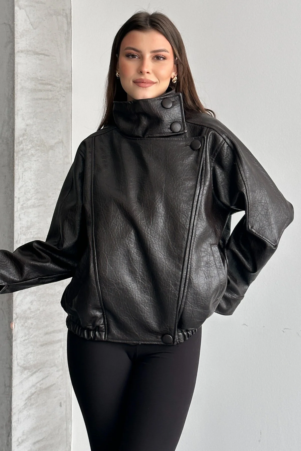 Kadın Acı Kahve Oversize Deri Ceket Dik Yaka Biker Model Suni Der