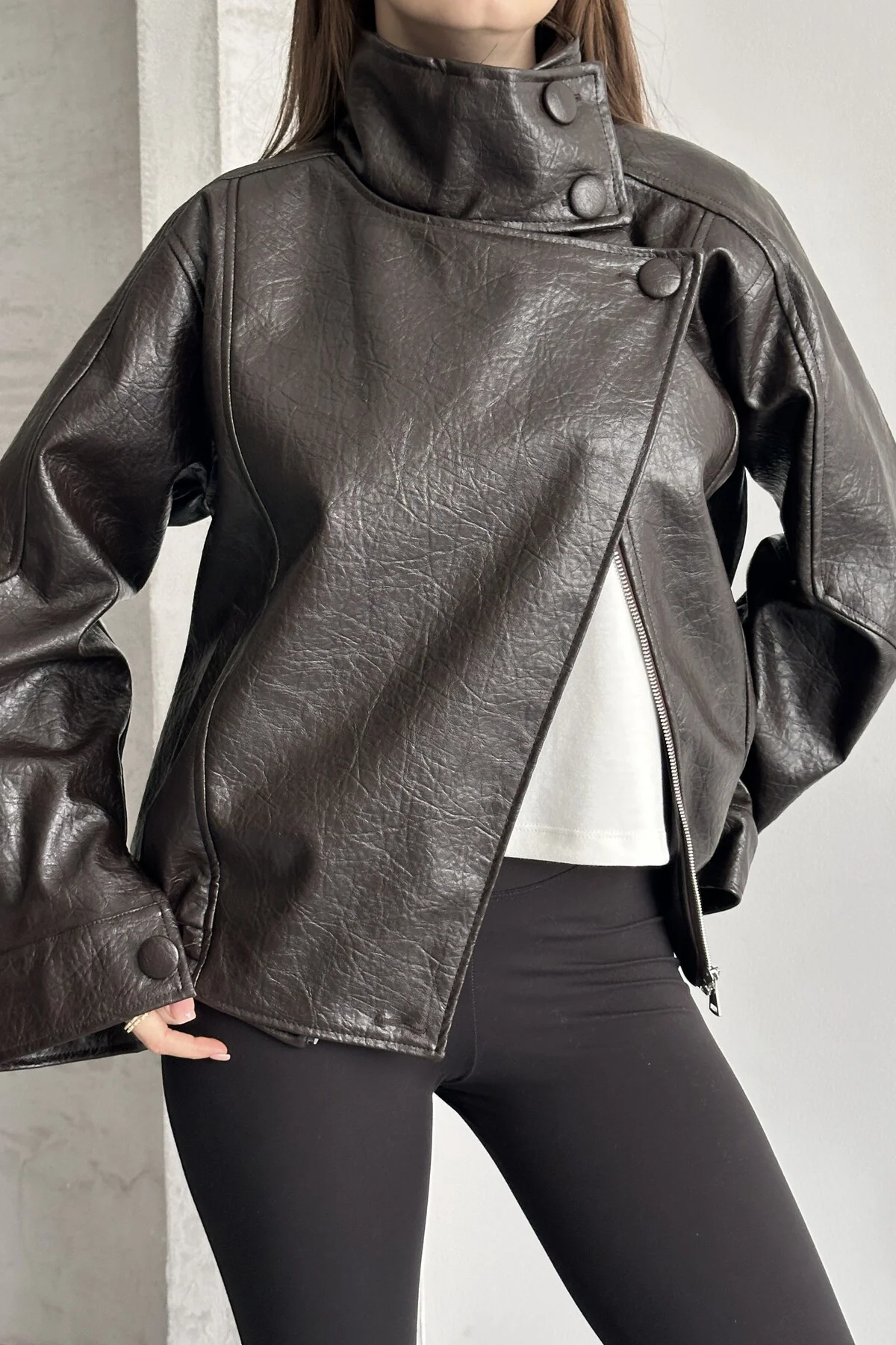 Kadın Acı Kahve Oversize Deri Ceket Dik Yaka Biker Model Suni Der