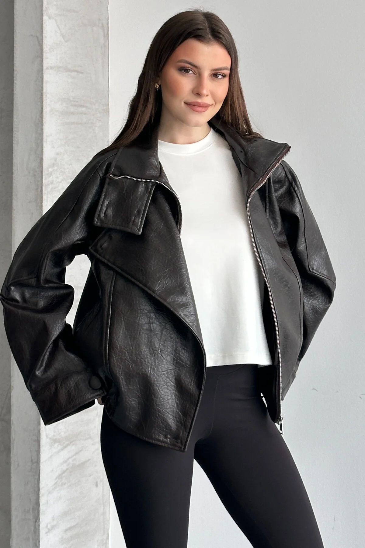 Kadın Acı Kahve Oversize Deri Ceket Dik Yaka Biker Model Suni Der