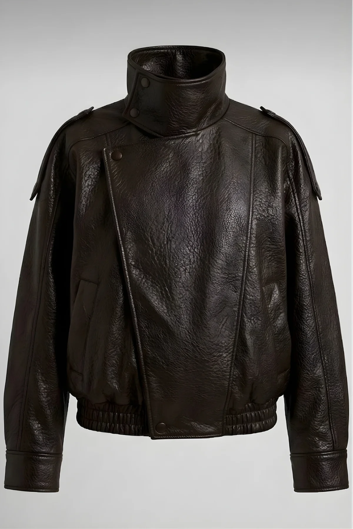 Kadın Acı Kahve Oversize Deri Ceket Dik Yaka Biker Model Suni Der