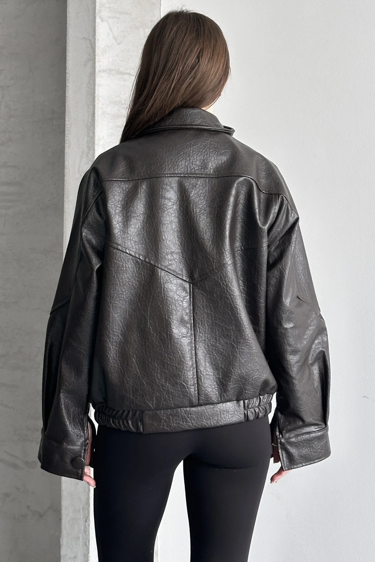 Kadın Acı Kahve Oversize Deri Ceket Dik Yaka Biker Model Suni Der