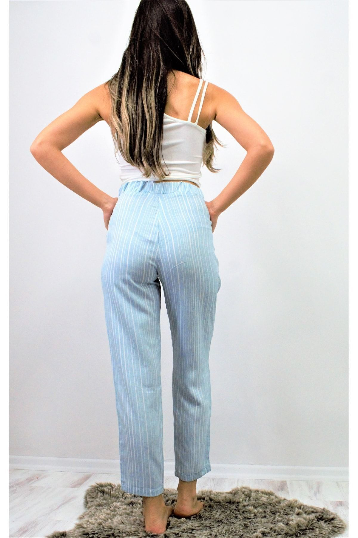 Pasaklı Giyim Kadın Açık Bebe Mavi Cepli Beli Lastikli Dik Çizgili Duble Paça Y