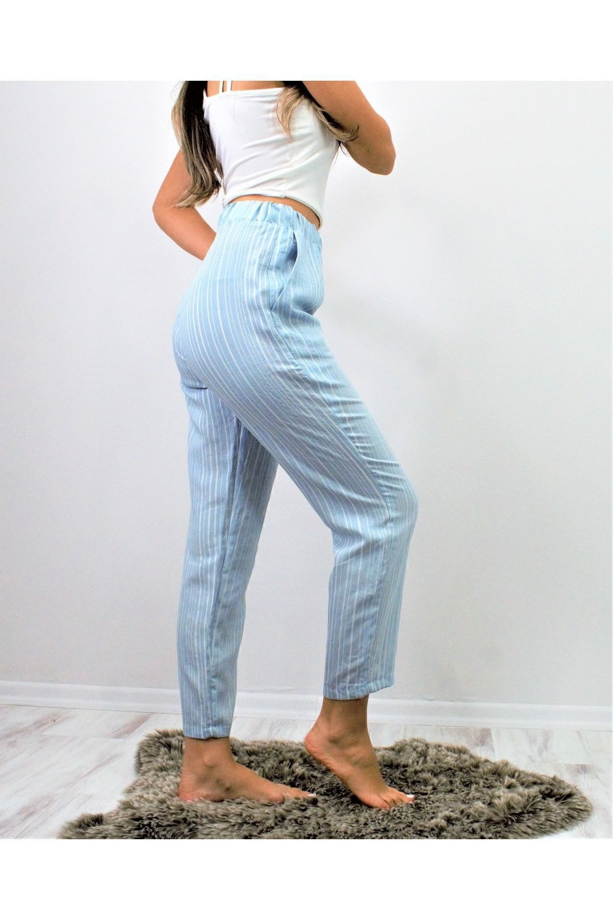 Pasaklı Giyim Kadın Açık Bebe Mavi Cepli Beli Lastikli Dik Çizgili Duble Paça Y