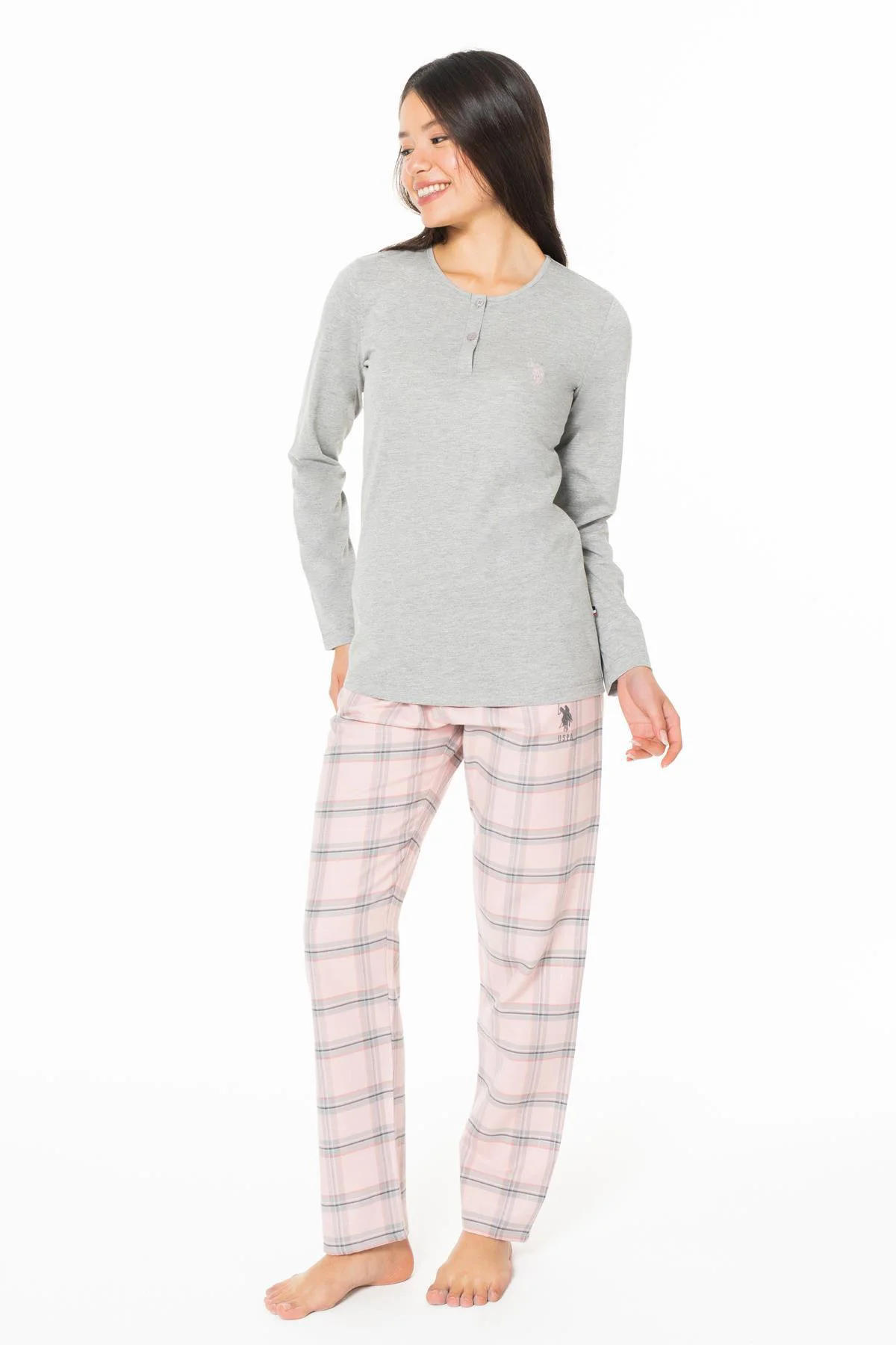 Kadın Alt Ekoseli Düğmeli Yakalı Pijama Takıkm