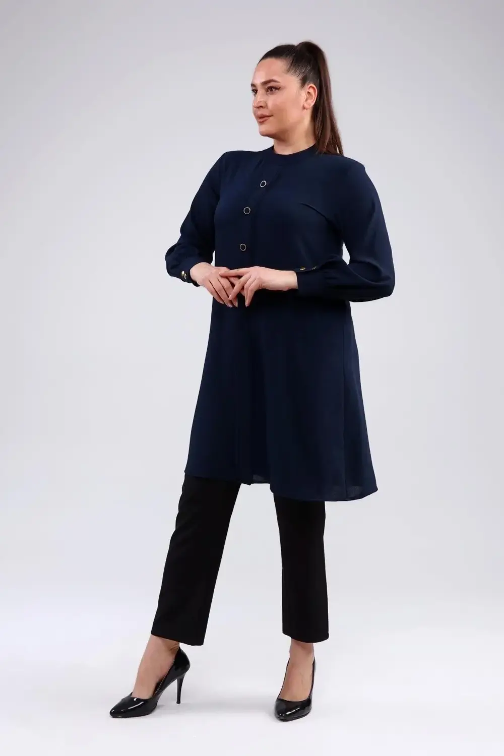 Kadin Anne Buyuk Beden Tesettur Tunik Düğmeli Ayrobin Kumaş