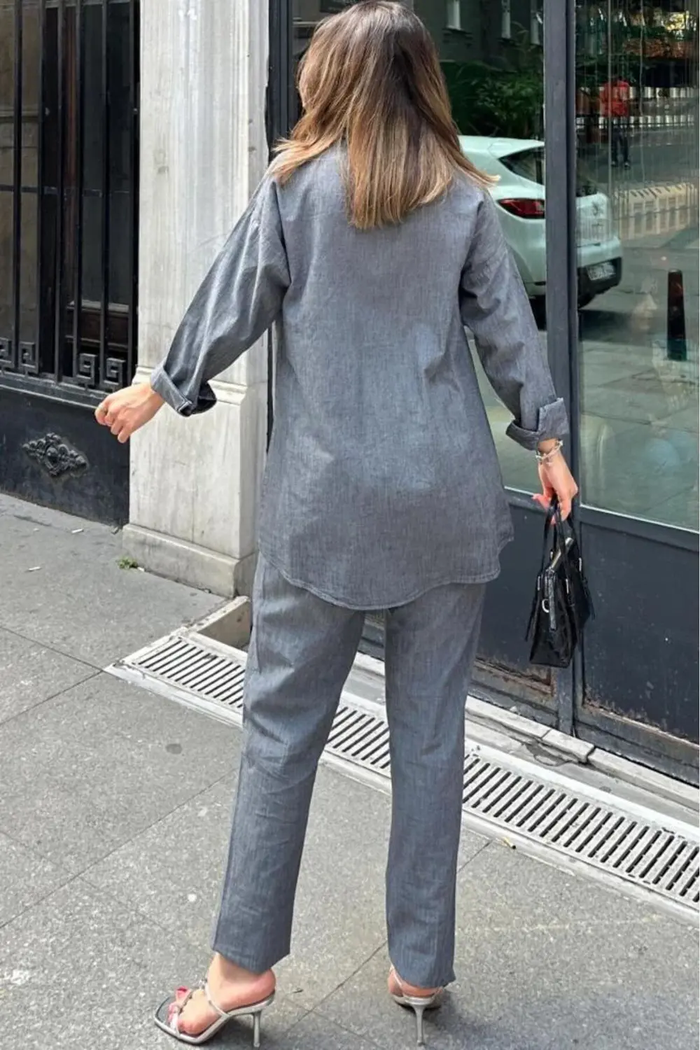 Kadin Antrasit Alt Üst Takım-Uzun Kollu Cepli Gömlek, Beli Lastik