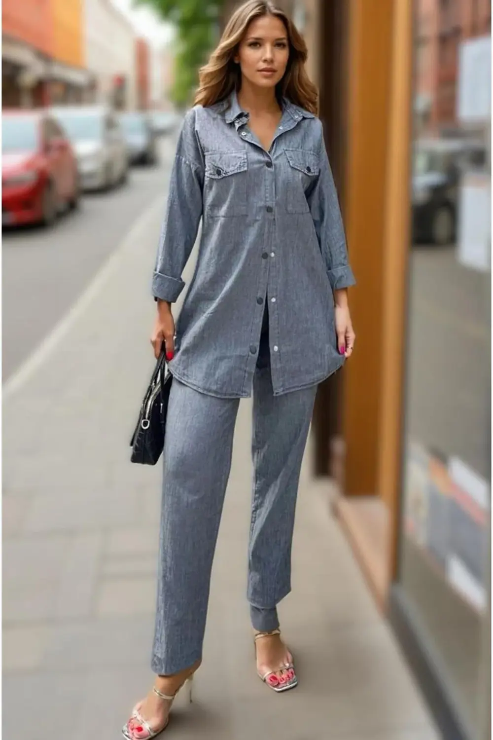 Kadin Antrasit Alt Üst Takım-Uzun Kollu Cepli Gömlek, Beli Lastik