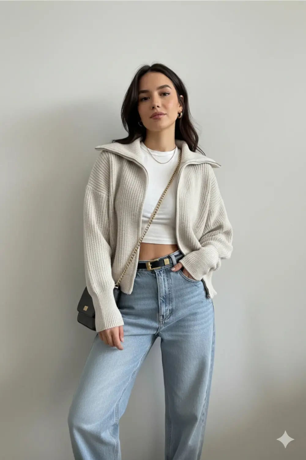 Lacivert Devrik Yaka Fermuarlı Triko Hırka