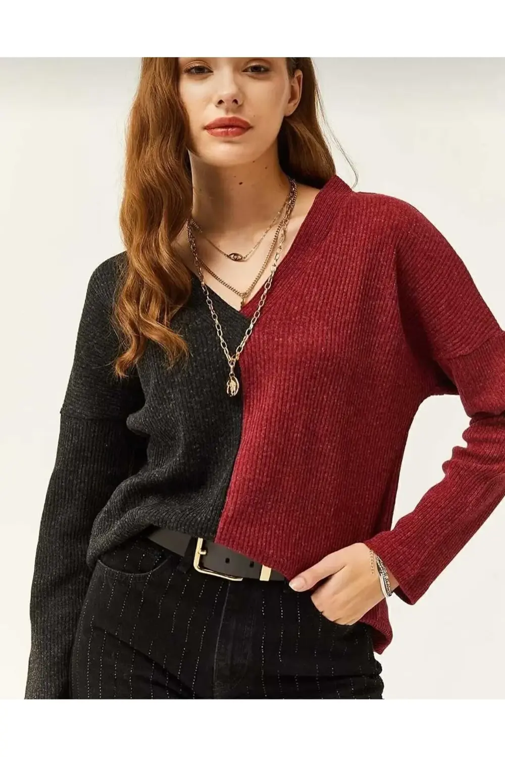 Kadın Antrasit Siyah Vizon V Yaka Uzun Kollu Iki Renkli Kışlık Ka