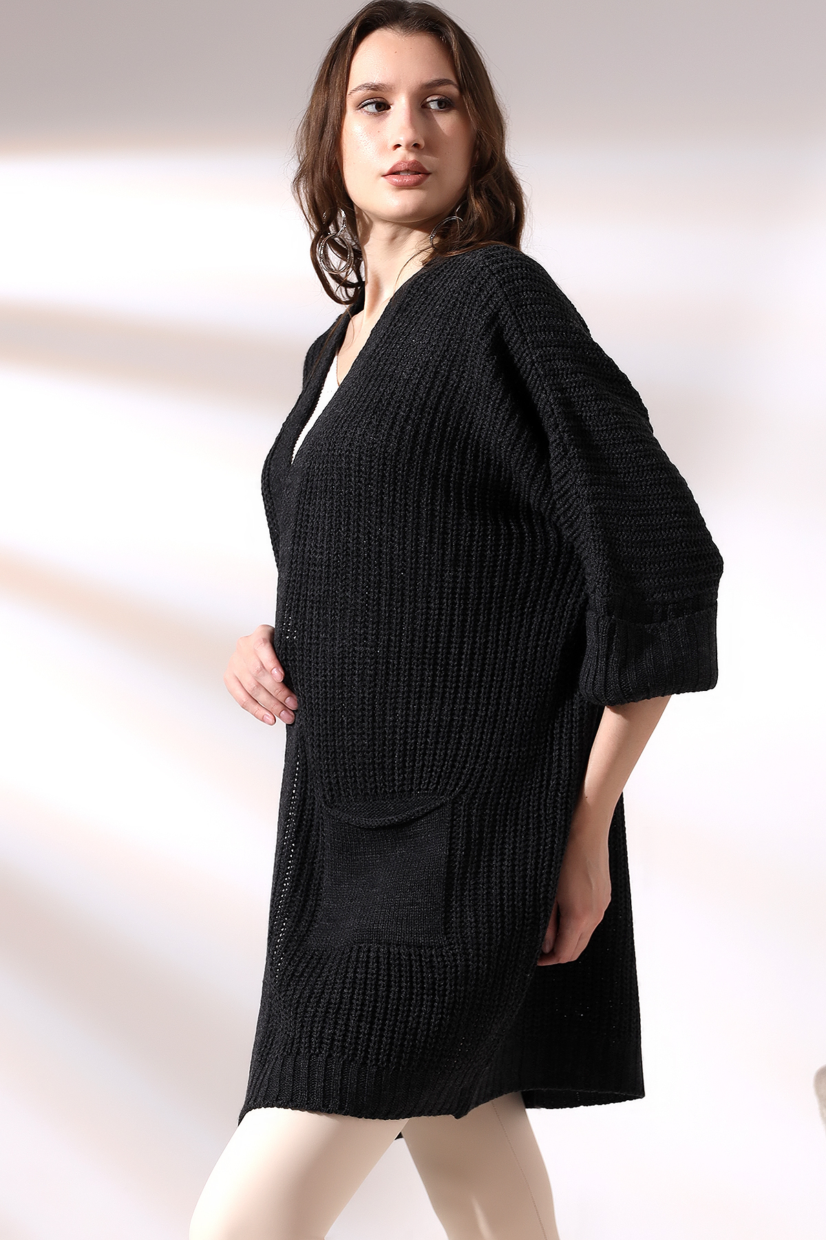 Dreamlike Kadın Antresit Oversize Model Uzun Cepli Triko Hırka