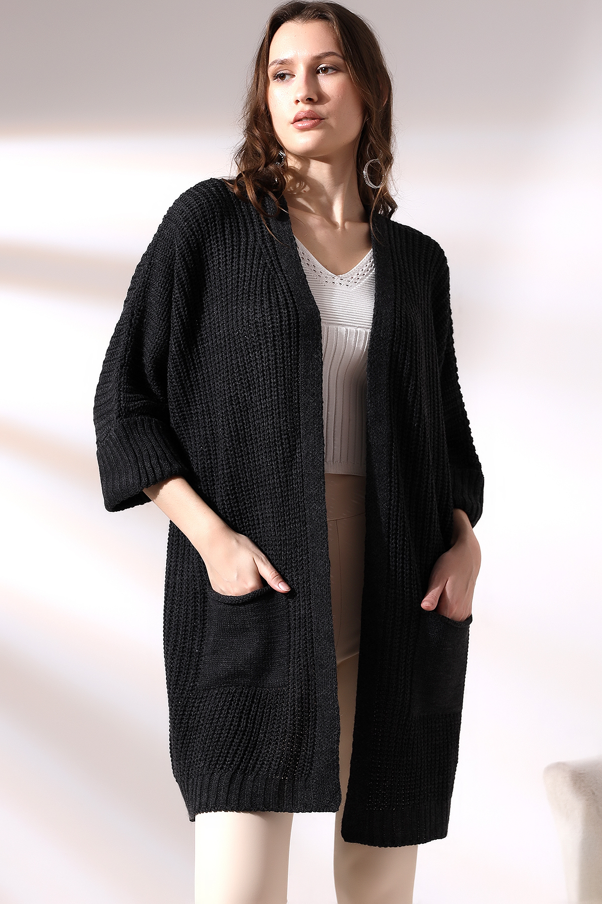 Dreamlike Kadın Antresit Oversize Model Uzun Cepli Triko Hırka