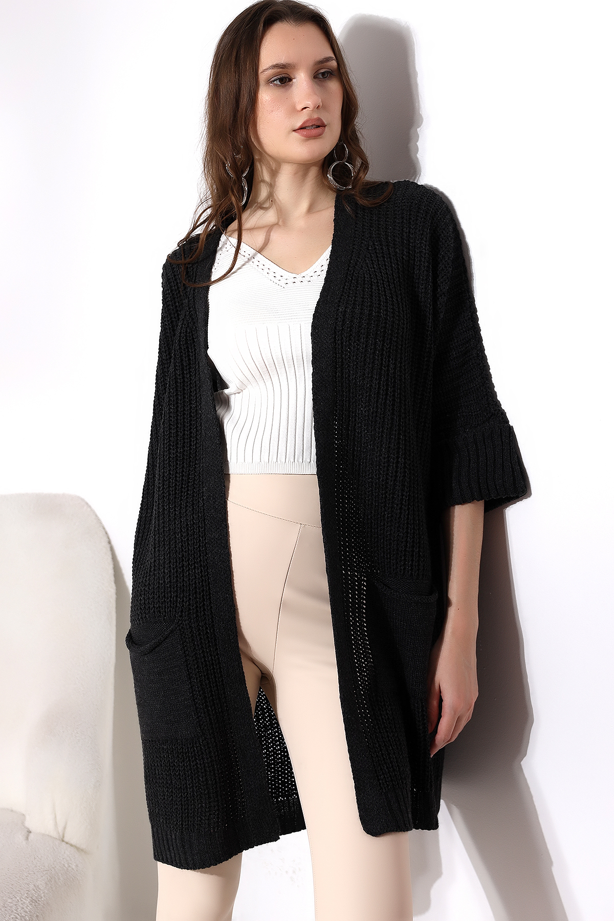 Dreamlike Kadın Antresit Oversize Model Uzun Cepli Triko Hırka