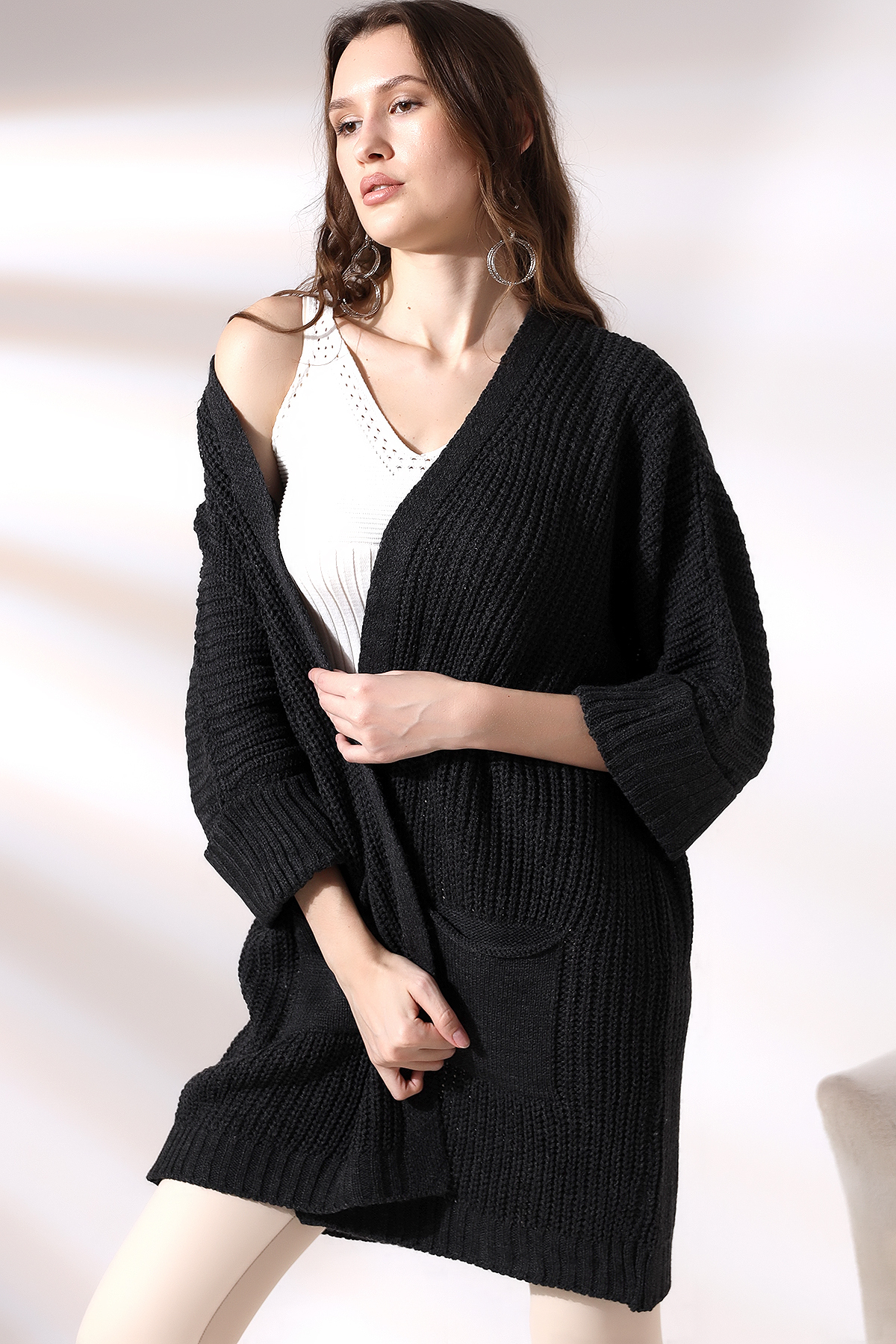 Dreamlike Kadın Antresit Oversize Model Uzun Cepli Triko Hırka