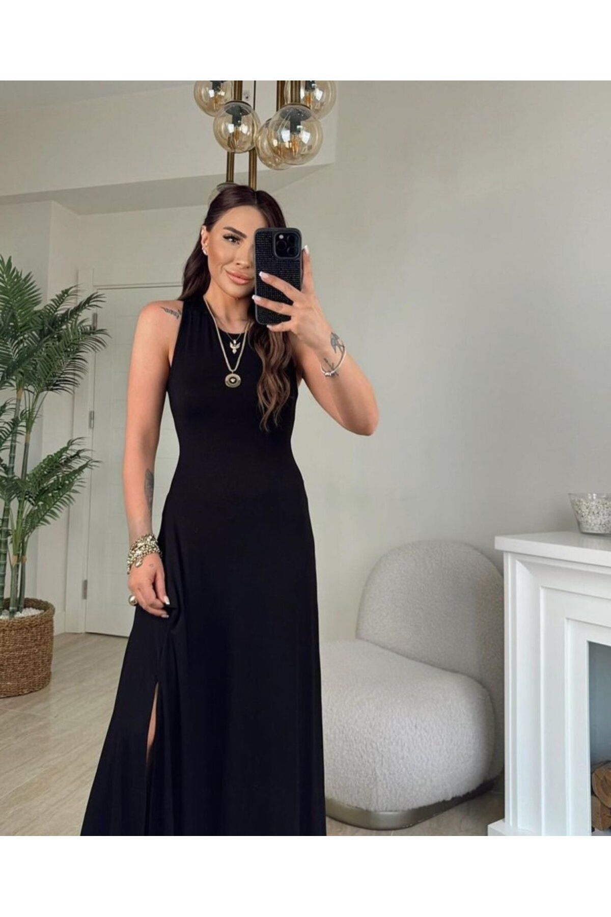 Kadın Arkadan çapraz Detay Yuvarlak Yaka Maksi Viskon Elbise