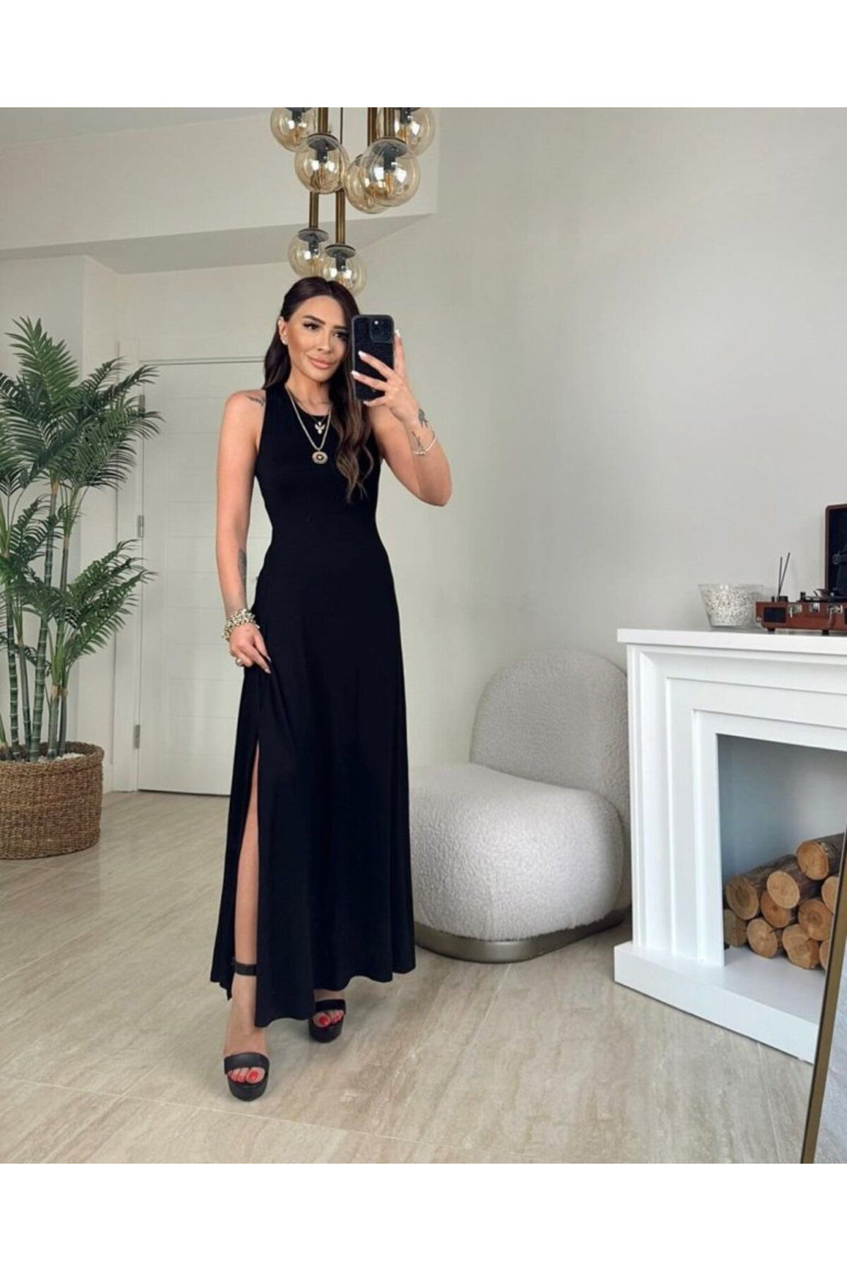 Kadın Arkadan çapraz Detay Yuvarlak Yaka Maksi Viskon Elbise