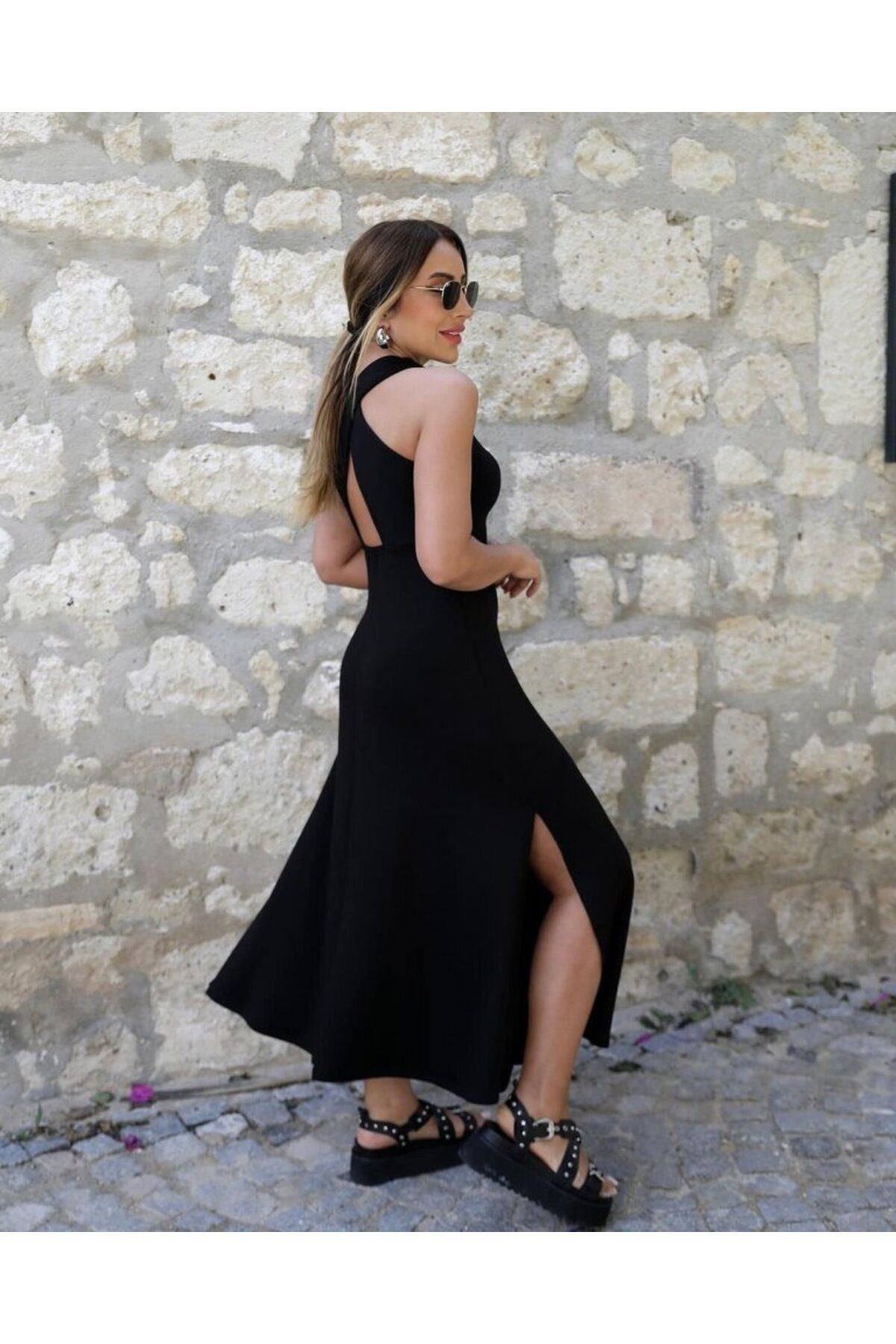 Kadın Arkadan çapraz Detay Yuvarlak Yaka Maksi Viskon Elbise