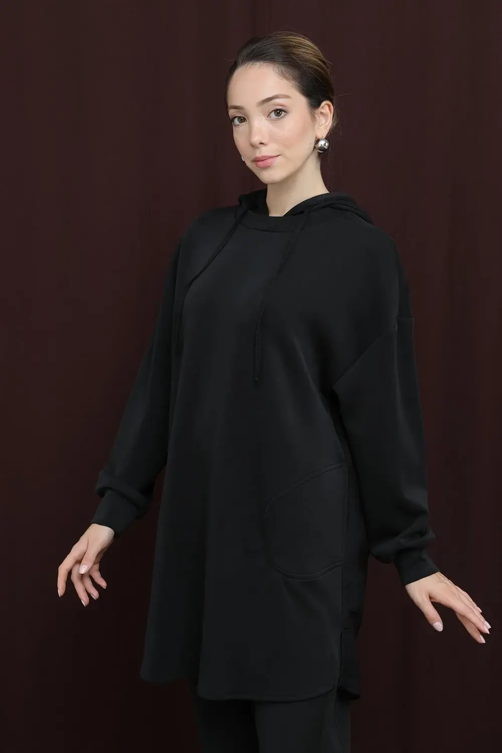 Kadın Arkası Garnili Kapüşonlu Pantolonlu Takım - 14306TKS - BLAC