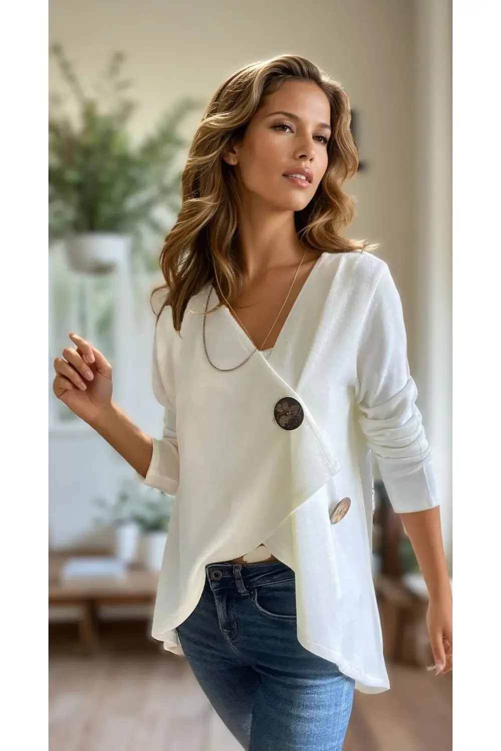 Kadın Asimetrik Kesim Düğmeli Hırka Bluz – Salaş Tasarım, V Yaka,