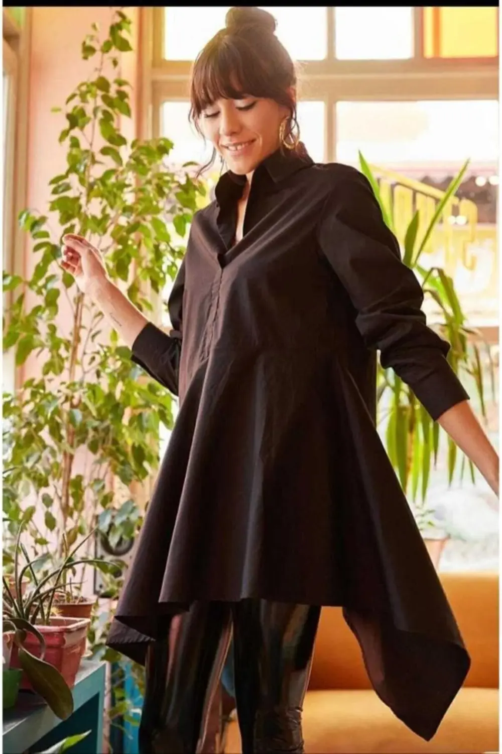 Kadın Asimetrik Tesettüre Uygun Uzun Terikoton Turuncu Tunik Göml