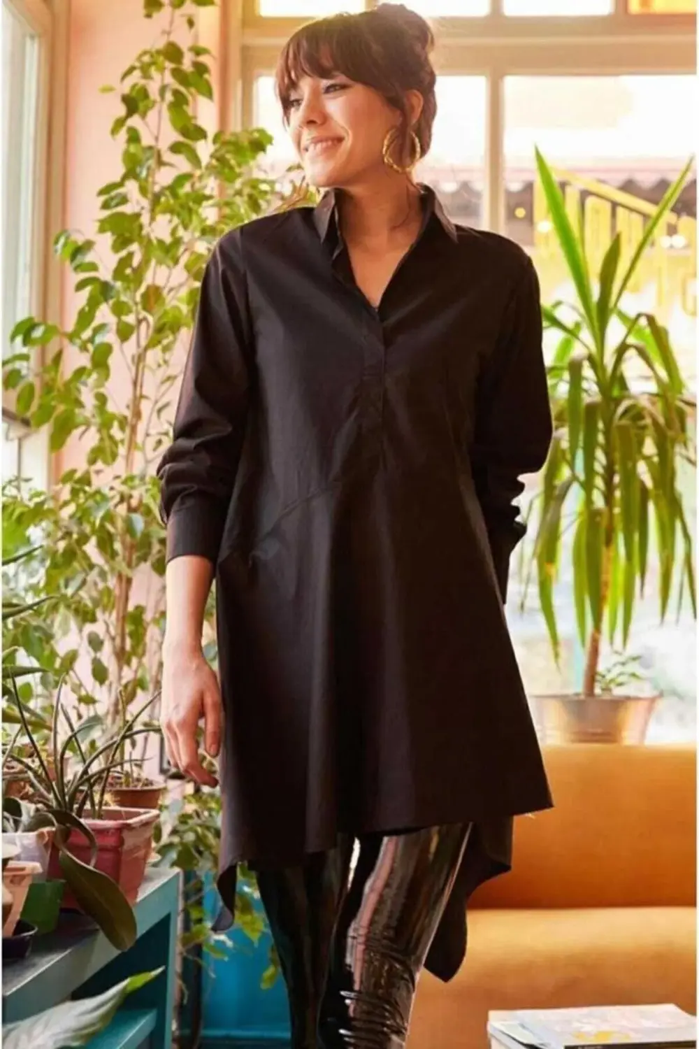 Kadın Asimetrik Tesettüre Uygun Uzun Terikoton Turuncu Tunik Göml